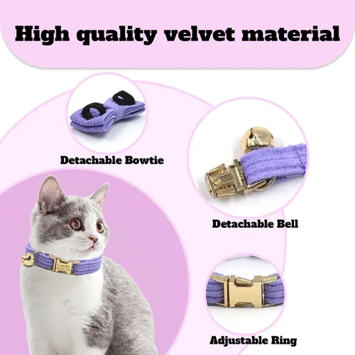 Vista 2 de Collar de gato personalizado con nombre de mascota, número de teléfono, hebilla de metal grabada, collares de terciopelo ajustables personalizados