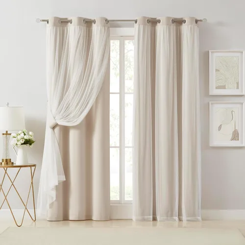 Vista 34 de Bujasso Cortinas 80% Opacas Beige con Superposición de Gasa Mezcla y Combinación Paneles de Ventana con Aislamiento Térmico de Doble Capa de 63