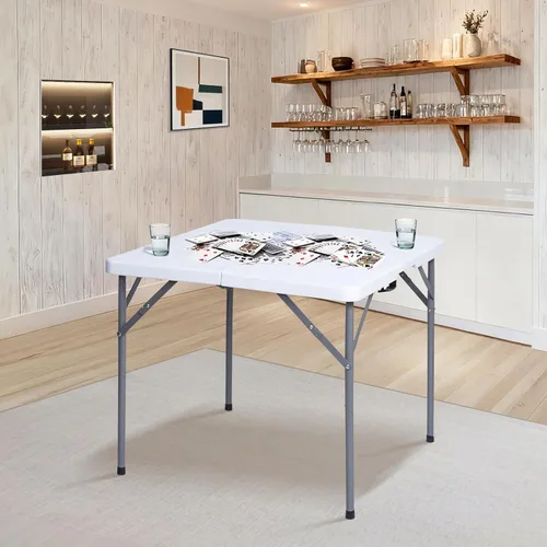 Vista 6 de Mesa plegable cuadrada de 34 pulgadas plegable por la mitad, mesa portátil de comedor de alta densidad resistente con asa de transporte, mesas
