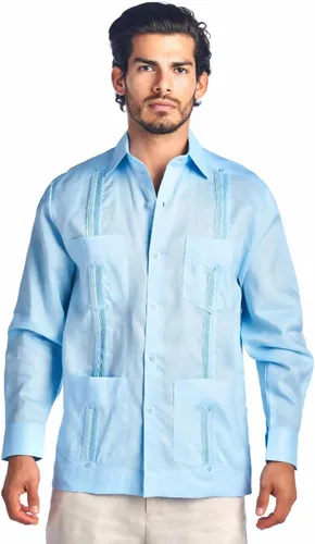 Vista 3 de Mojito Collection Camisa Guayabera clásica de mezcla de polialgodón de manga larga, Blanco