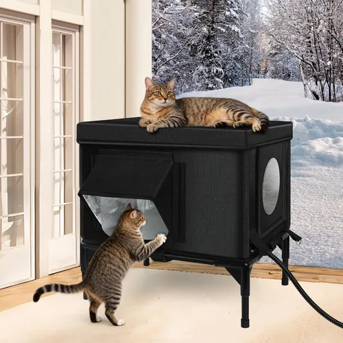 Vista 8 de Casa de gatos al aire libre climatizada resistente a la intemperie con almohadilla térmica, casa climatizada para gatos al aire libre, casas