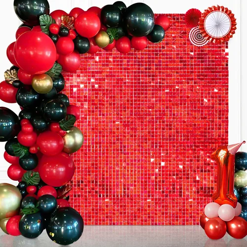Vista 7 de Telón de fondo rojo iridiscente, paneles de fondo de pared brillante, fondo de Navidad para despedida de soltera, despedida de soltera, escenario