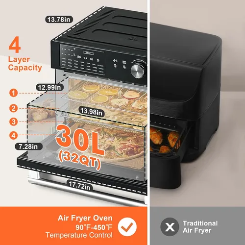 Vista 3 de Kitchen in the box Combo de Horno Tostador y Freidora de Aire Extra Grande de 32QT, Horno Tostador de Convección de Encimera 21-en-1 con Rotisserie