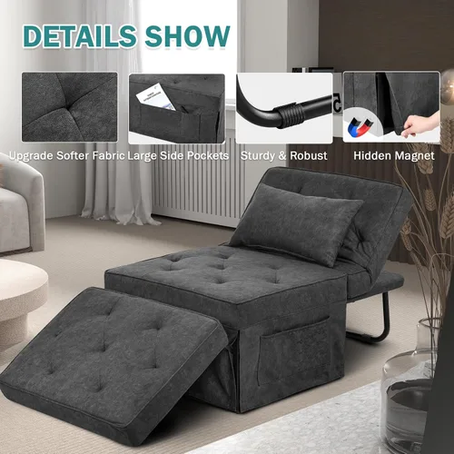 Vista 9 de Sofá Cama Convertible, Cama Otomana Plegable Multifunción 4 en 1 con Respaldo Ajustable, Moderna Silla Cama Extraíble para Sala de Estar Gris