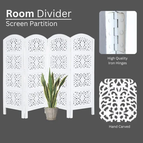 Vista 4 de Panel de pantalla de madera para divisor de habitación, blanco, plegable de 4 paneles de 64 x 48 pulgadas, tallado a mano, separador de privacidad