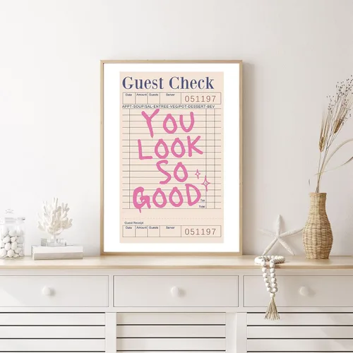 Vista 4 de Impresión de cuadros de invitados con texto en inglés "You Look so Good" para pared, impresiones artísticas de moda para pared, póster de cheque
