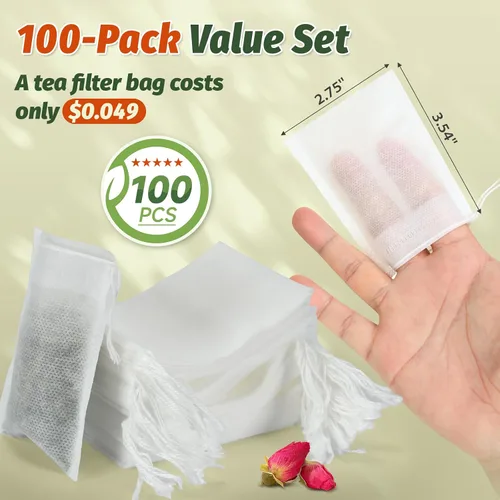Vista 2 de 100 bolsas de té desechables para té de hojas sueltas, bolsas de filtro de té vacías con cordón de algodón, bolsitas infusoras de té rellenables