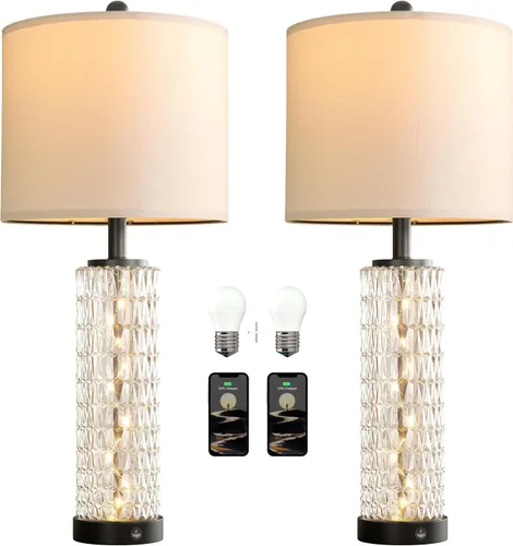 Vista 9 de Oneach Juego de 2 lámparas de mesa de 27.75 pulgadas, lámpara de noche moderna negra con luz nocturna LED, USB A+C, lámparas de vidrio para sala