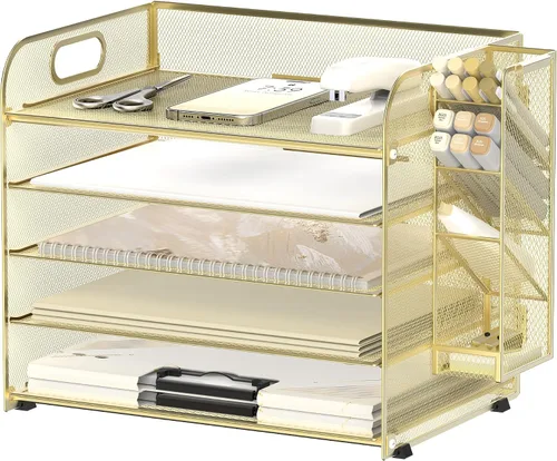 Vista 8 de SUPEASY Organizador de escritorio de 5 niveles con asa y soportes extraíbles para bolígrafos, organizador de papel de malla/archivos para Negro