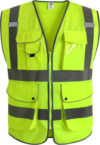 Vista 52 de JKSafety Chaleco de seguridad frontal con cremallera de alta visibilidad Clase 2 de 9 bolsillos con tiras reflectantes, cumple con las normas