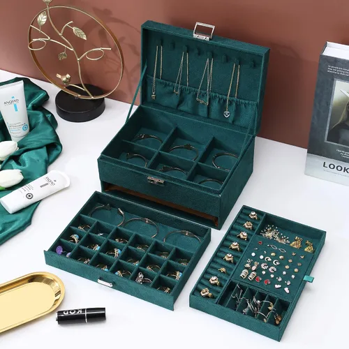 Vista 4 de ZUZOOQ ZUZ002A - Caja organizadora de joyas de terciopelo de 3 capas con cerradura para anillos collares aretes verde 94 x 67 x 43in