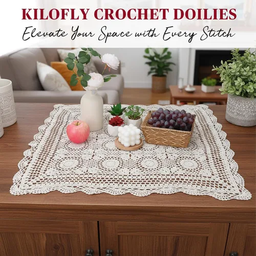 Vista 4 de kilofly Manteles individuales hechos a mano con encaje de algodón y ganchillo, para sofá, cuadrados, beige, 27 pulgadas