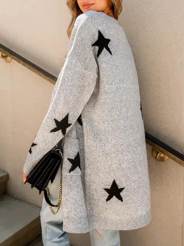 Vista 3 de CUPSHE Cárdigan de punto con botones y estampado de estrellas para mujer, suéter de manga larga con cuello en V