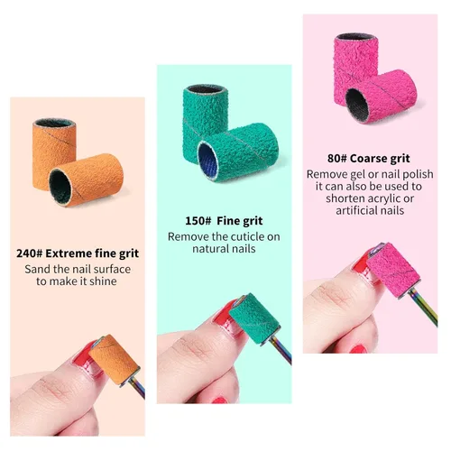 Vista 2 de Bandas de lijado para taladro de uñas, piezas de lijado para taladro de uñas KOYOPEPI 210 piezas, bandas de lijado de grano grueso y fino