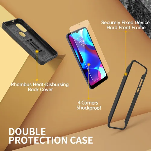 Vista 6 de FITO Funda para Moto G Pure, funda resistente a prueba de golpes de doble capa con un protector de pantalla de vidrio, soporte integrado (negro)
