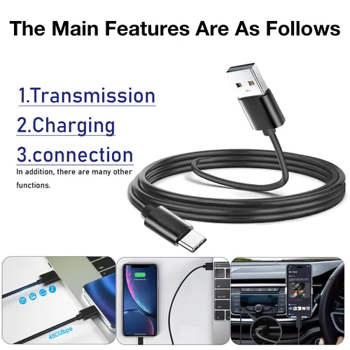 Vista 3 de Cable de carga USB A a USB C de 3 pies para iPhone serie 17/16/15/14, cable Apple Carplay para iPad Pro/Air 10ª/5ª generación/Max Plus