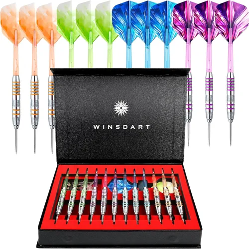 Vista 13 de WINSDART Juego de 12 dardos de punta de acero con barril de hierro antideslizante, ejes de dardos de aluminio y vuelos, afilador de dardos y caja