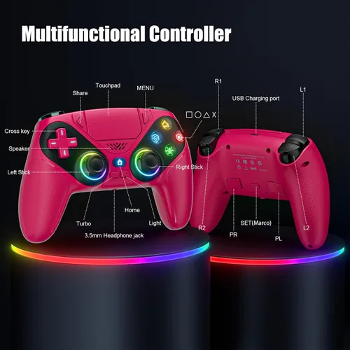 Vista 2 de LENISUOLE Controlador inalámbrico con botones turbo y trasero, sensor de movimiento de 6 ejes, luces LED RGB, conector de audio de 0.138 in