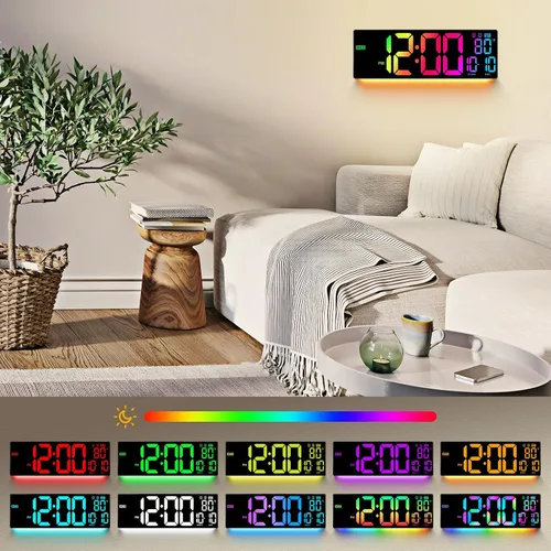Vista 2 de Reloj de Pared Digital Grande de 16.5": 11 Colores RGB Reloj de Decoración de Montaje en Pared para Sala de Estar, Dormitorio, Oficina, Aula