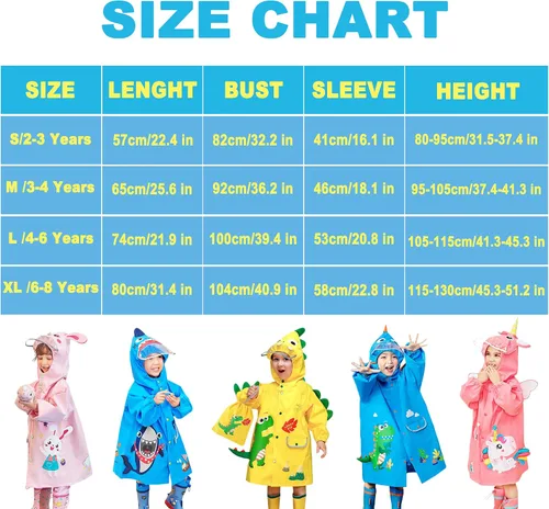 Vista 4 de Fewlby Chubasquero para niños y niñas, poncho de lluvia Waterpoof, chaqueta de lluvia para niños, ropa impermeable de dibujos animados de 2 a 8 años
