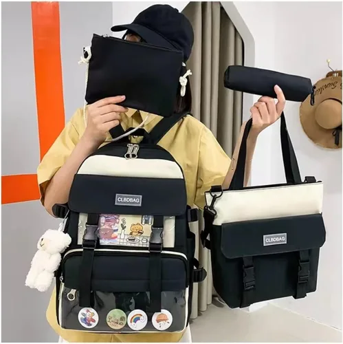 Vista 5 de Mochila Kawaii Kawaii Colgantes y Pines Accesorios Juego de 4 piezas con insignia y colgante, bolsa de hombro, estuche para lápices, bolso (negro)