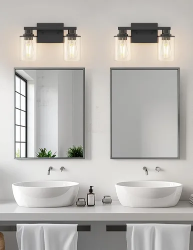 Vista 6 de L LOHAS LED Lámparas de baño negras de 2 luces, accesorios de iluminación modernos sobre espejo con pantalla de vidrio transparente, luces