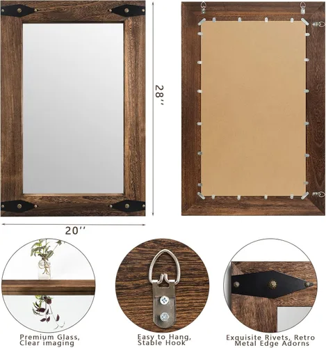 Vista 7 de blue page Espejo para pared, espejo de madera rústica con marco de madera, espejo rectangular decorativo para montar en la pared para baño