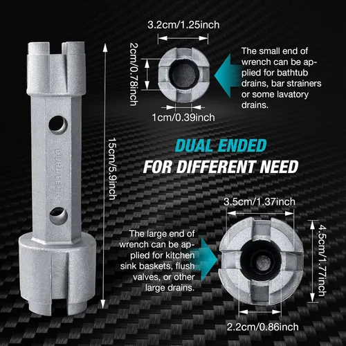 Vista 3 de DURATECH Llave removedora de drenaje de tubo, llave de aleación de aluminio de doble extremo para desagües de baño y ducha Llave de aleación
