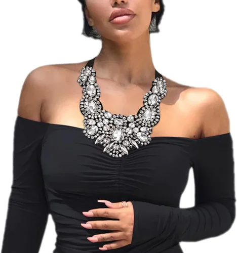 Vista 4 de Flyonce - Collar de diamantes de imitación con cuentas de cristal, collar tipo babero con cuentas gruesas, joyería para mujer