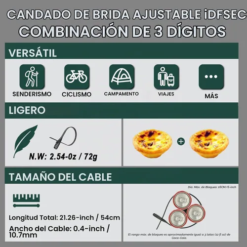 Vista 5 de Cerradura de bicicleta con brida de cremallera, bloqueo de cable ajustable con núcleo de acero inoxidable, bloqueo de cable multiusos para asegurar