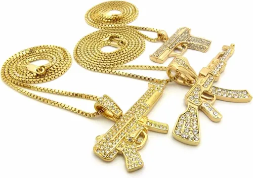 Vista 4 de Mens Iced Out ametralladora AK47Chopper, arma Uzi, pistola de mano, caja colgante, cuerda, cadena cubana, set de 3 collares con dije