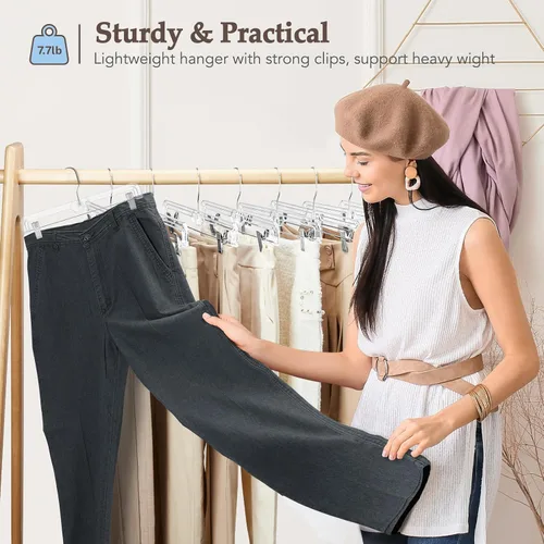 Vista 2 de HOUSE DAY Perchas para faldas transparentes con clips, percha antideslizante de plástico para pantalones con 2 clips ajustables, percha con clip
