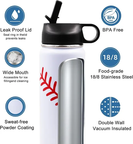 Vista 5 de Botella de agua de béisbol de 18 onzas, botella deportiva de boca ancha, vaso de viaje de metal con 2 tapas, botellas de agua aisladas al vacío