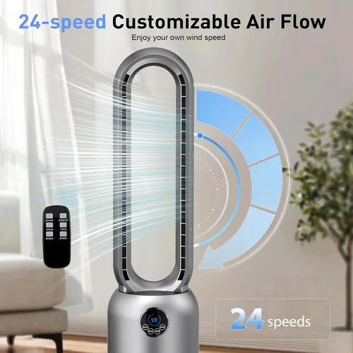 Vista 6 de Ventilador de torre sin aspas de 36 pulgadas para dormitorio, potente flujo de aire de 26 pies/s, 24 velocidades, oscilación de 90°, temporizador