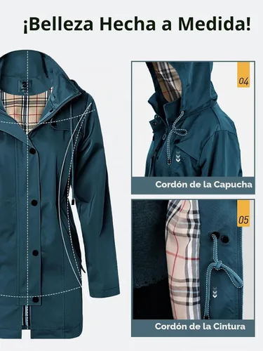Vista 6 de SaphiRose Chaqueta larga con capucha para lluvia al aire libre para mujer, impermeable, rompevientos Algas Azul