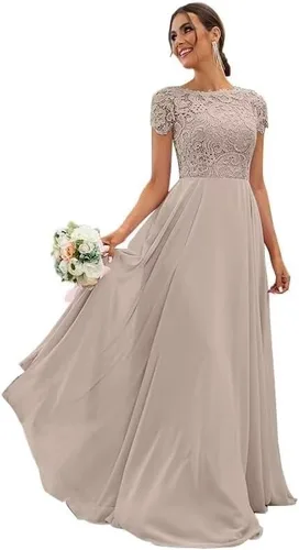 Vista 5 de Minrenfun Vestido de encaje de gasa para madre de la novia para boda, acampanado, manga tapada, vestidos de noche formales con bolsillos