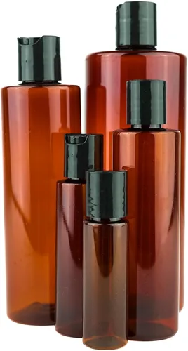 Vista 4 de Botellas de plástico ámbar (paquete de 12) – Botella de plástico ámbar de 1 onza con tapas de rosca; se utiliza como champú reutilizable, loción