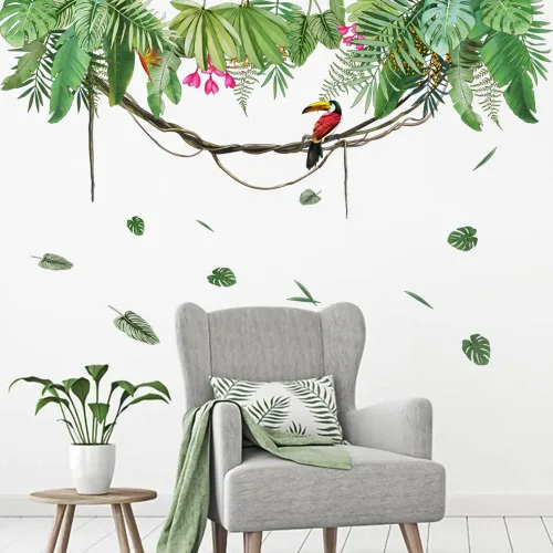 Vista 2 de Runtoo Calcomanías de arte de pared de hojas de palma, hojas de plantas verdes de selva, calcomanías de pared para sala de estar, dormitorio