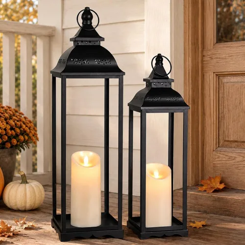 Vista 9 de Decorative Candle Lanterns Set of 2, Black Metal for Indoor & Outdoor Negro