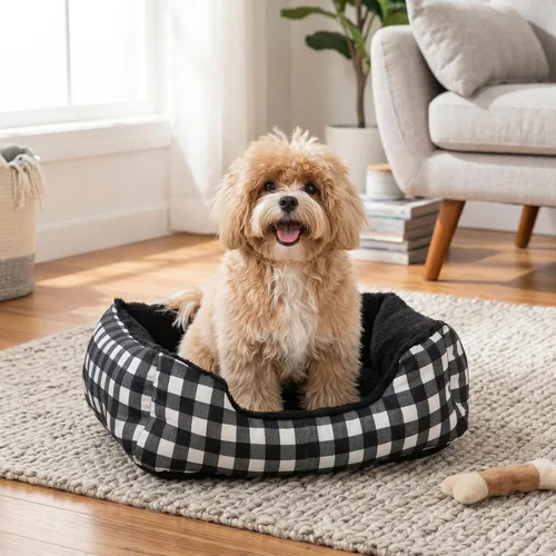 Vista 8 de Hollypet Cama Rectangular de Felpa para Perros y Gatos Autocalentable, Negra con Cuadros A cuandros negros