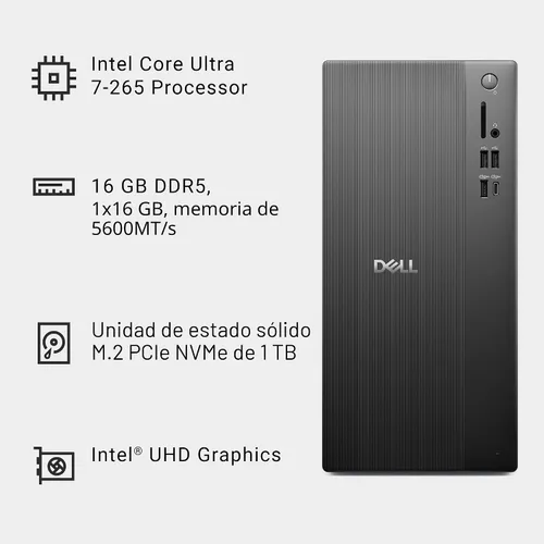 Vista 10 de Dell Tower Desktop ECT1250 - Procesador Intel Core Ultra 7-265, gráficos UHD, memoria de 16 GB, SSD M.2 de 1 TB, lector de tarjetas SD 3.0, teclado
