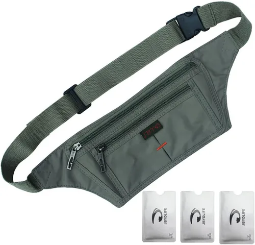 Vista 32 de Bolsa de cintura ultrafino con ranuras c/visualización para tarjeta de crédito, para deportes, aire libre, correr, caminar, viajes.