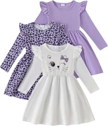 Vista 12 de Vestidos para niñas Vestidos para niñas pequeñas Paquete de 3 Vestido casual de fiesta con estampado patinador acampanado tipo A Vestido de verano