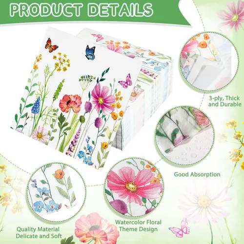 Vista 3 de Teling 100 servilletas de papel florales, 3 capas desechables para invitadas/servilletas de cóctel, servilletas de fiesta de flores silvestres
