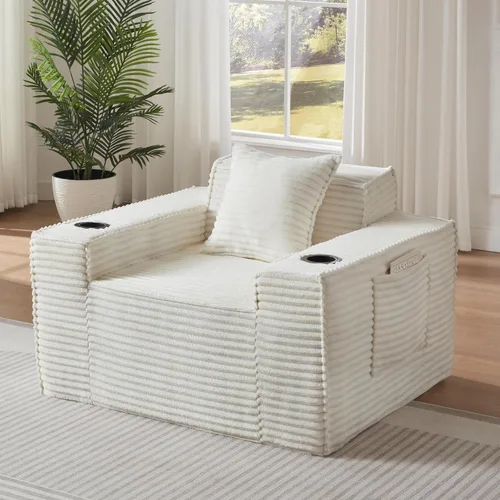 Vista 41 de Sofá sin hueso de 66.5 pulgadas con portavasos y bolsillos laterales, sofá biplaza tapizado de tela de pana moderna con 2 almohadas para sala
