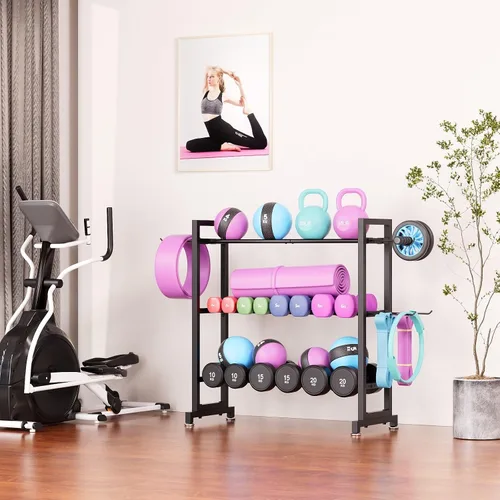 Vista 8 de Soporte ajustable de 3 niveles para mancuernas – Soporte de almacenamiento de peso de metal resistente para mancuernas, pesas rusas y más