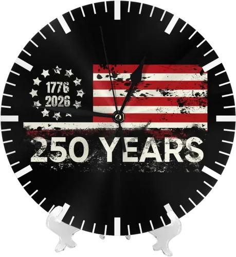 Vista 3 de Reloj de pared redondo de 250 años de aniversario, silencioso, sin tictac, funciona con pilas, retro con bandera de Estados Unidos, relojes
