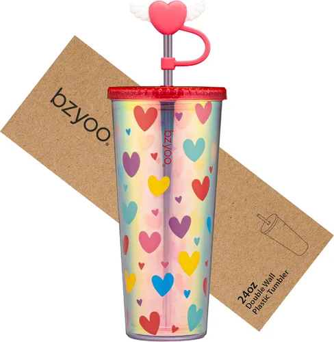 Vista 14 de bzyoo Vaso SIP de 24 oz con Tapa de Popote en Forma de Corazón con Alas – Vaso Iridiscente de Diseño Lindo DotDot, Taza Libre de BPA con Tapa