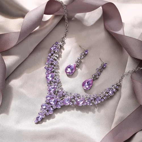 Vista 4 de EVER FAITH Conjunto de joyas de cristal austriaco para dama de honor, collar de lágrima de flor de declaración