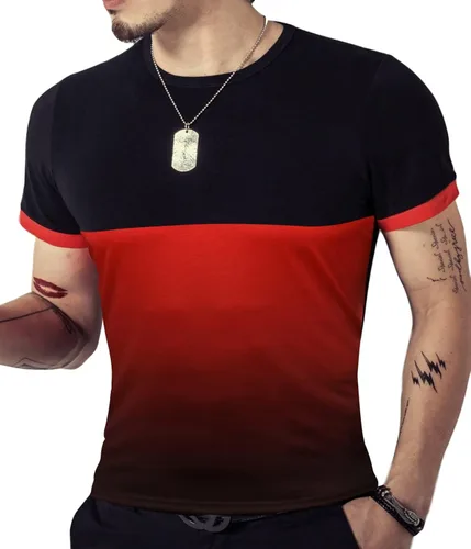 Vista 3 de kuboyee Mens Slim Fit Cotton T-Shirt Short Sleeve Crew Neck Contrast Gradient Color Stitching Tops Fashion Shirts Casual Tee